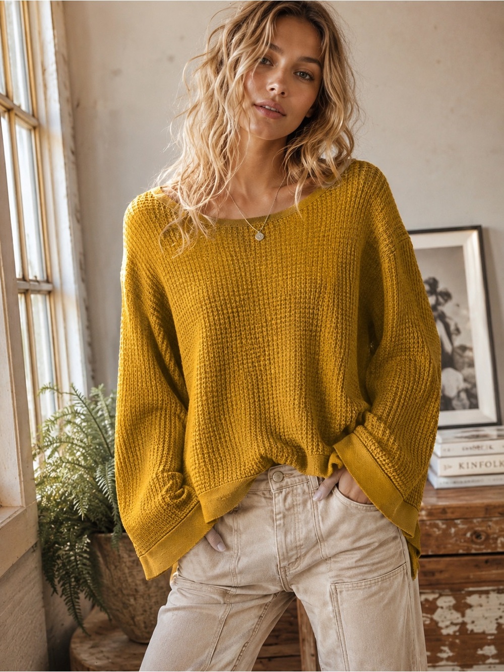 Listicle Mustard Yellow Waffle Knit Oversized Sweater Large Boho Free People Vib